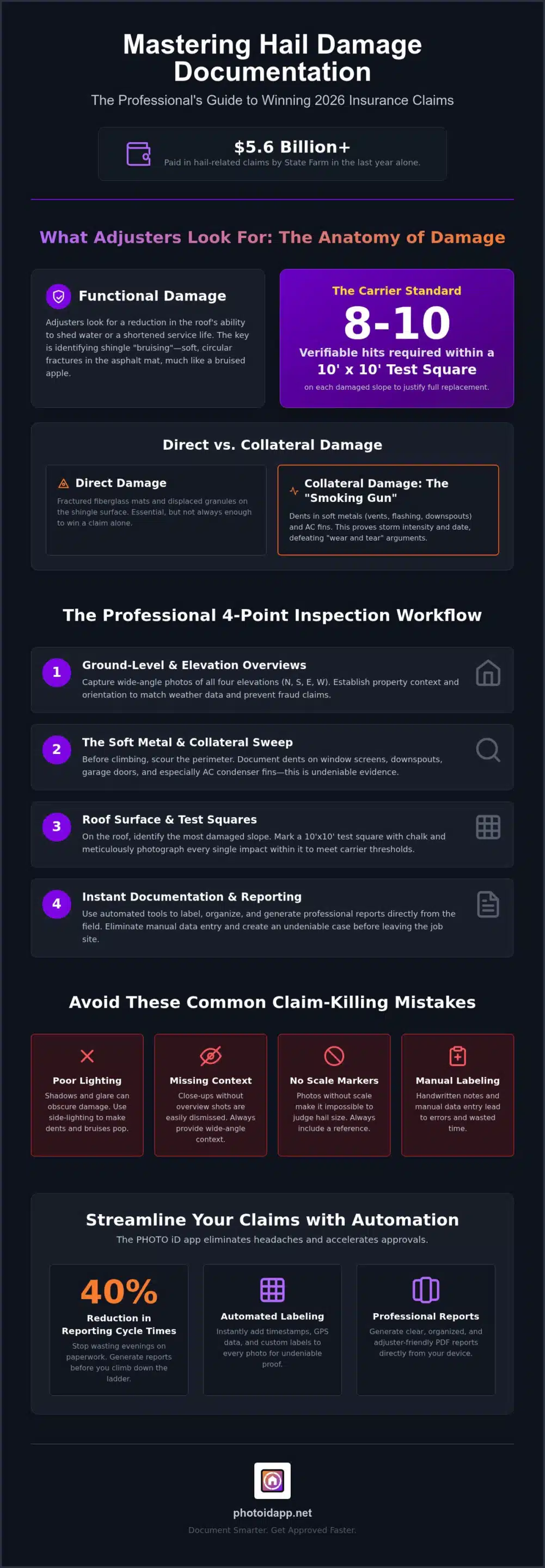 How to Document Hail Damage on a Roof The Professionals 2026 Guide - Infographic | PHOTO iD by U Scope | #1 photo app for contractors How to Document Hail Damage on a Roof: The Professional’s 2026 Guide