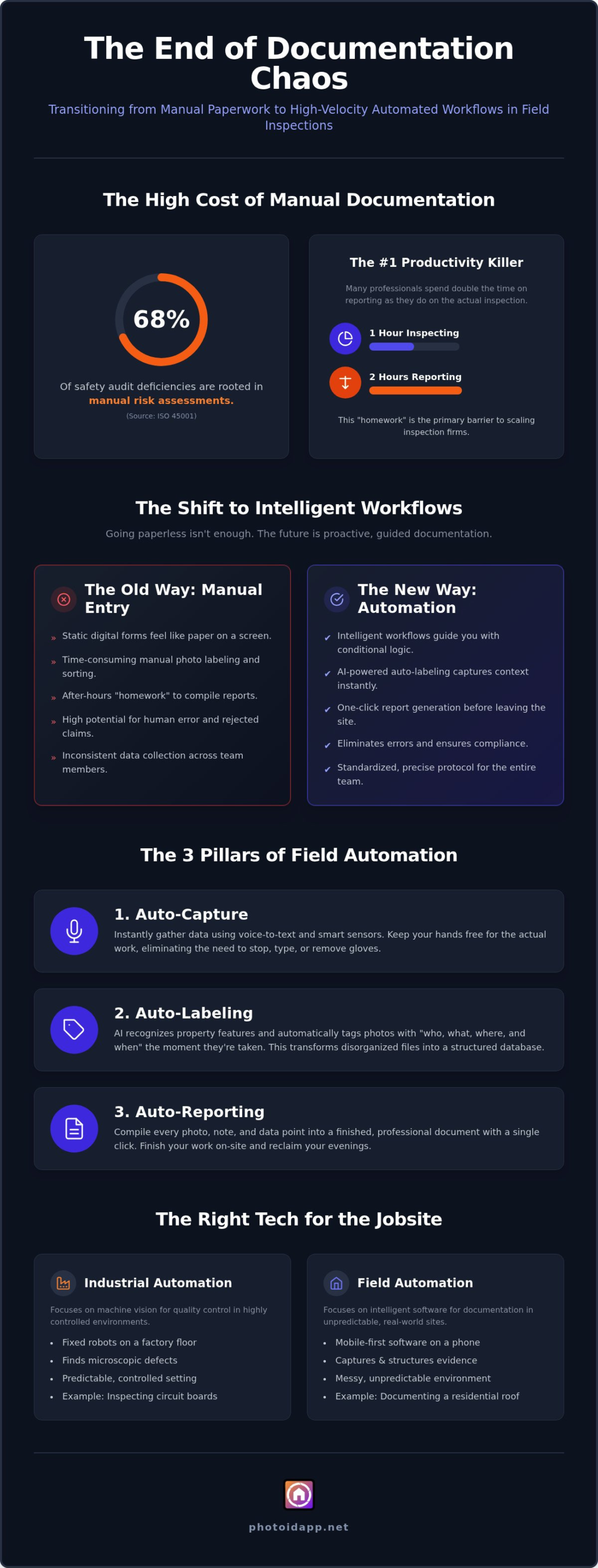 Inspection Process Automation The Complete Guide for Field Professionals in 2026 - Infographic | PHOTO iD by U Scope | #1 photo app for contractors Inspection Process Automation: The Complete Guide for Field Professionals in 2026