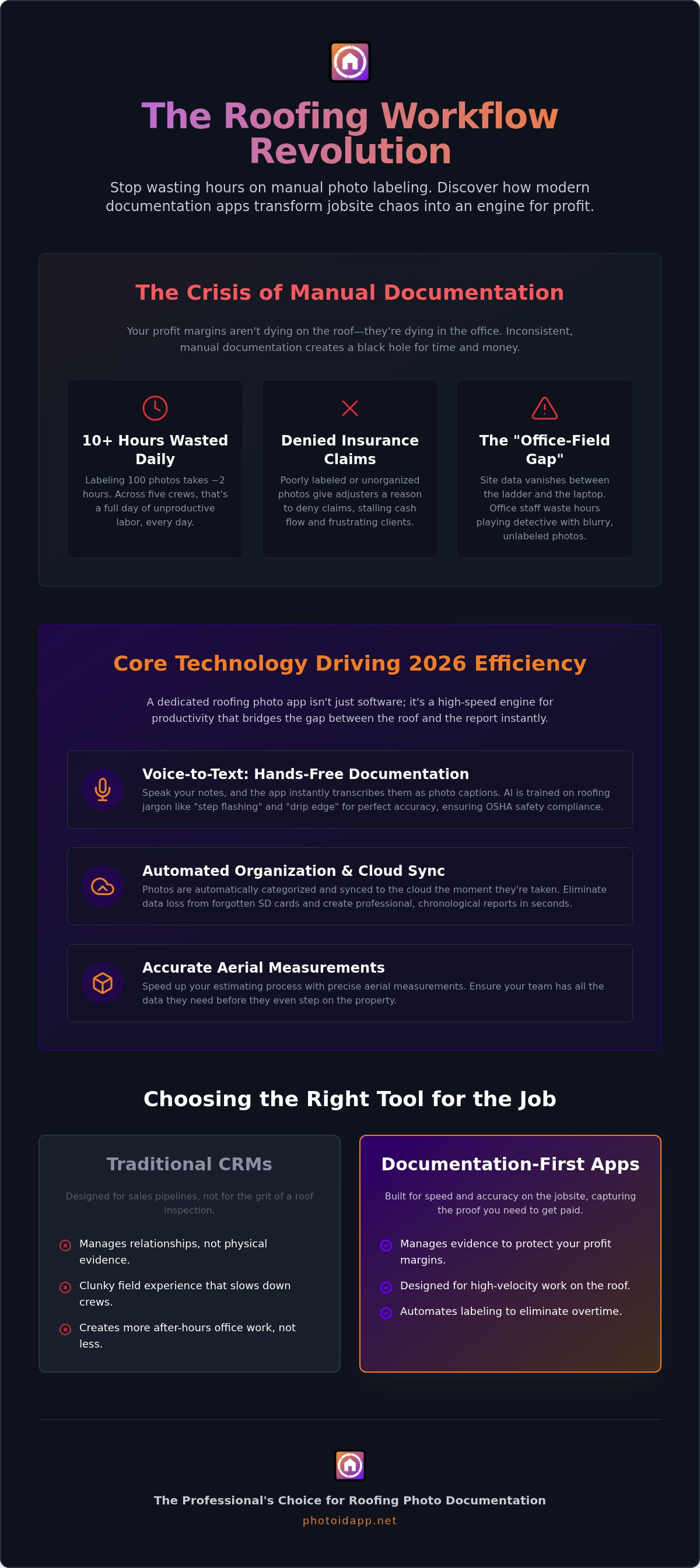 Software for Roofing Contractors Streamlining Field Documentation in 2026 - Infographic | PHOTO iD by U Scope | #1 photo app for contractors Software for Roofing Contractors: Streamlining Field Documentation in 2026