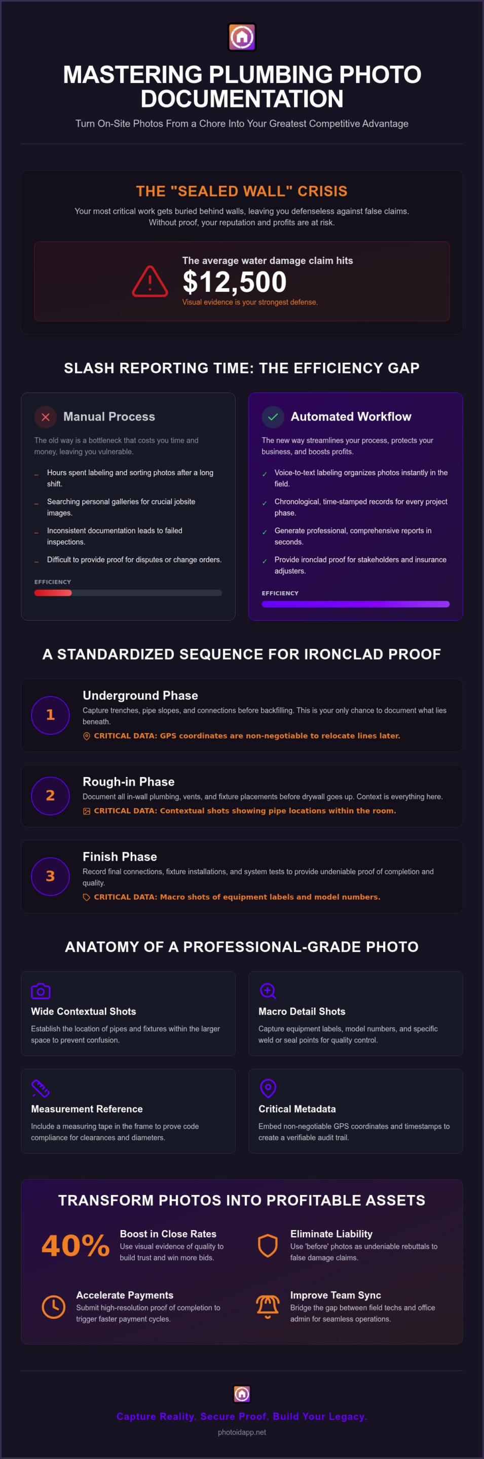 Infographic titled 'Mastering Plumbing Photo Documentation' showing workflow: sealed-wall crisis, automated workflow, and project phases for documentation.
