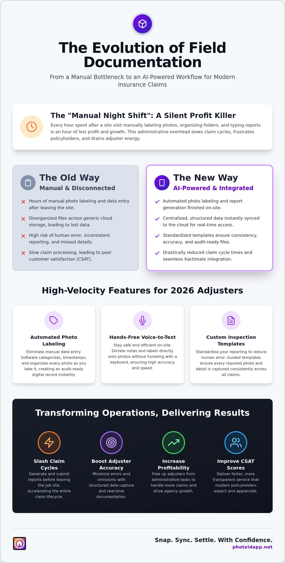 Field Documentation Software for Insurance Streamlining Claims in 2026 - Infographic | PHOTO iD by U Scope | #1 photo app for contractors Infographic titled The Evolution of Field Documentation showing Old Way vs New Way comparison with AI-powered benefits.