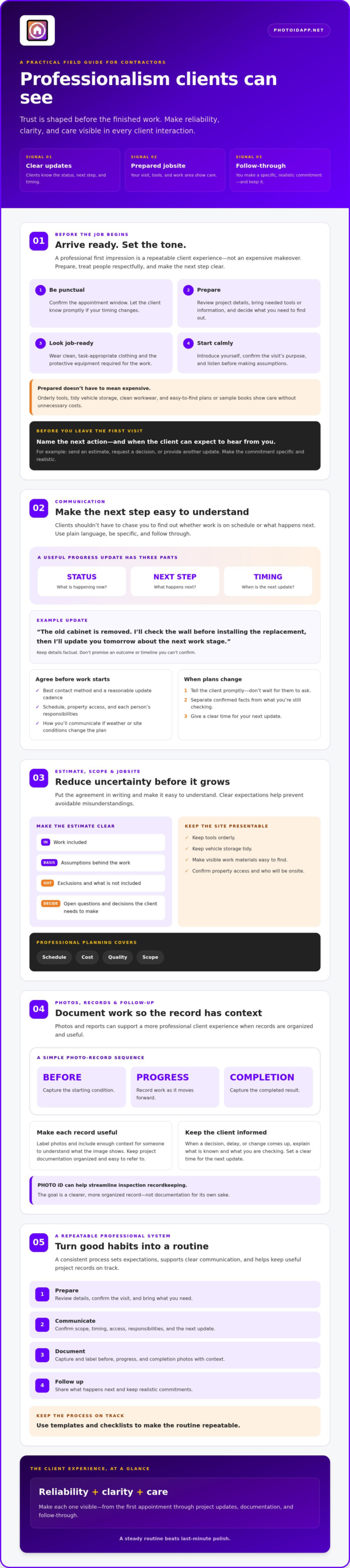 How to Look More Professional as a Contractor 5 Practical Steps - Infographic | PHOTO iD by U Scope | #1 photo app for contractors How to Look More Professional as a Contractor: 5 Practical Steps